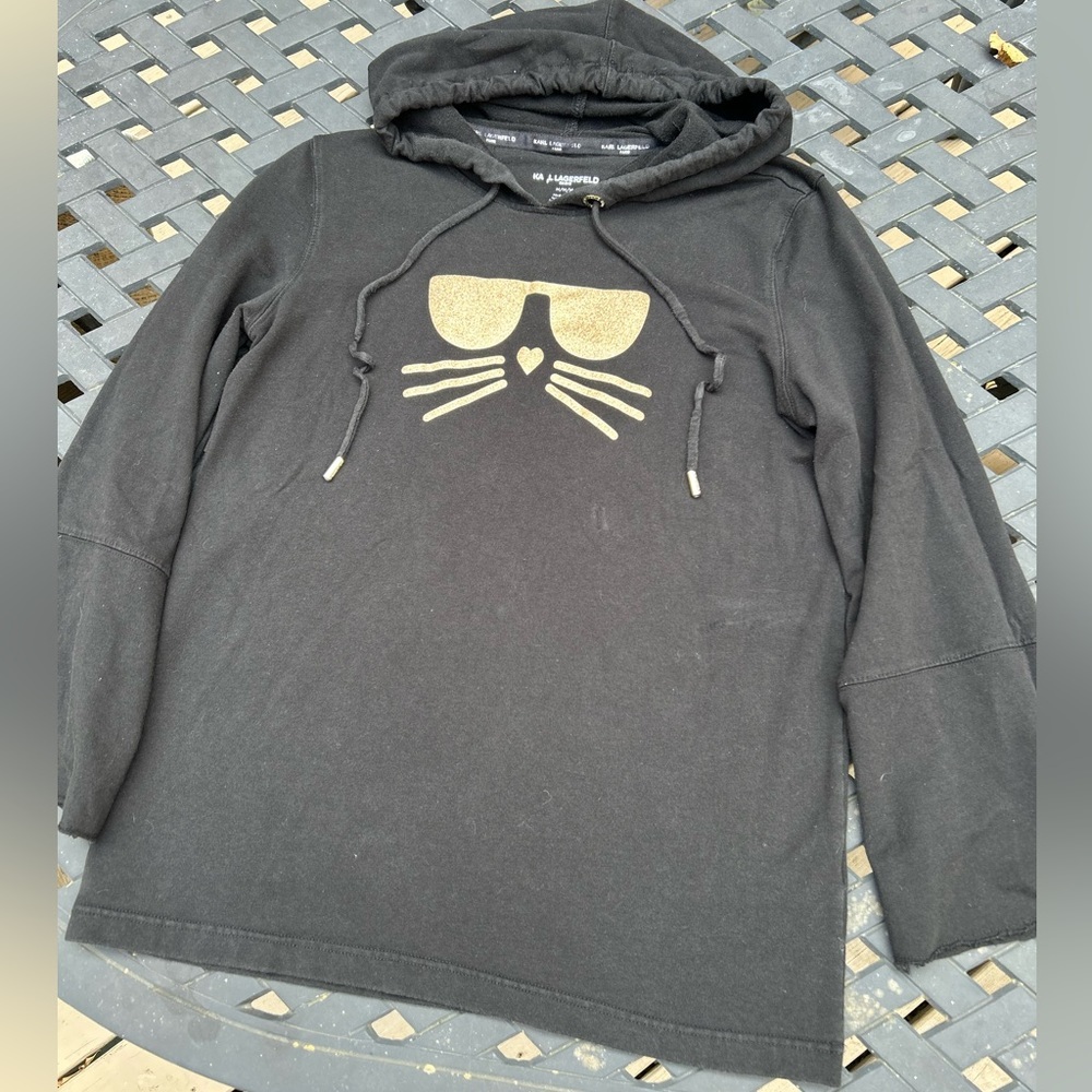 Karl Lagerfeld Paris Choupette Cat Gold Glitter Black Hoodie Sweatshirt Size M